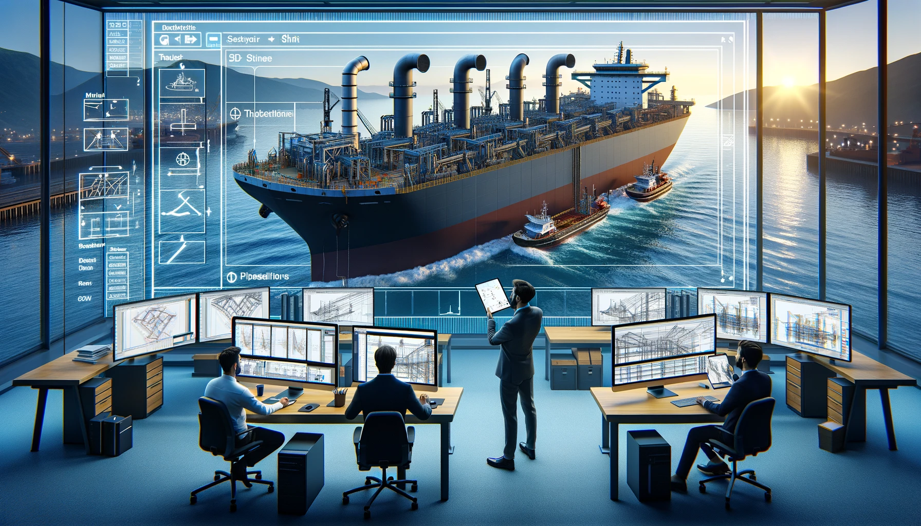 Un bureau d'ingénierie maritime où les professionnels utilisent en collaboration 3DViewStation pour la visualisation de modèles CAO 3D