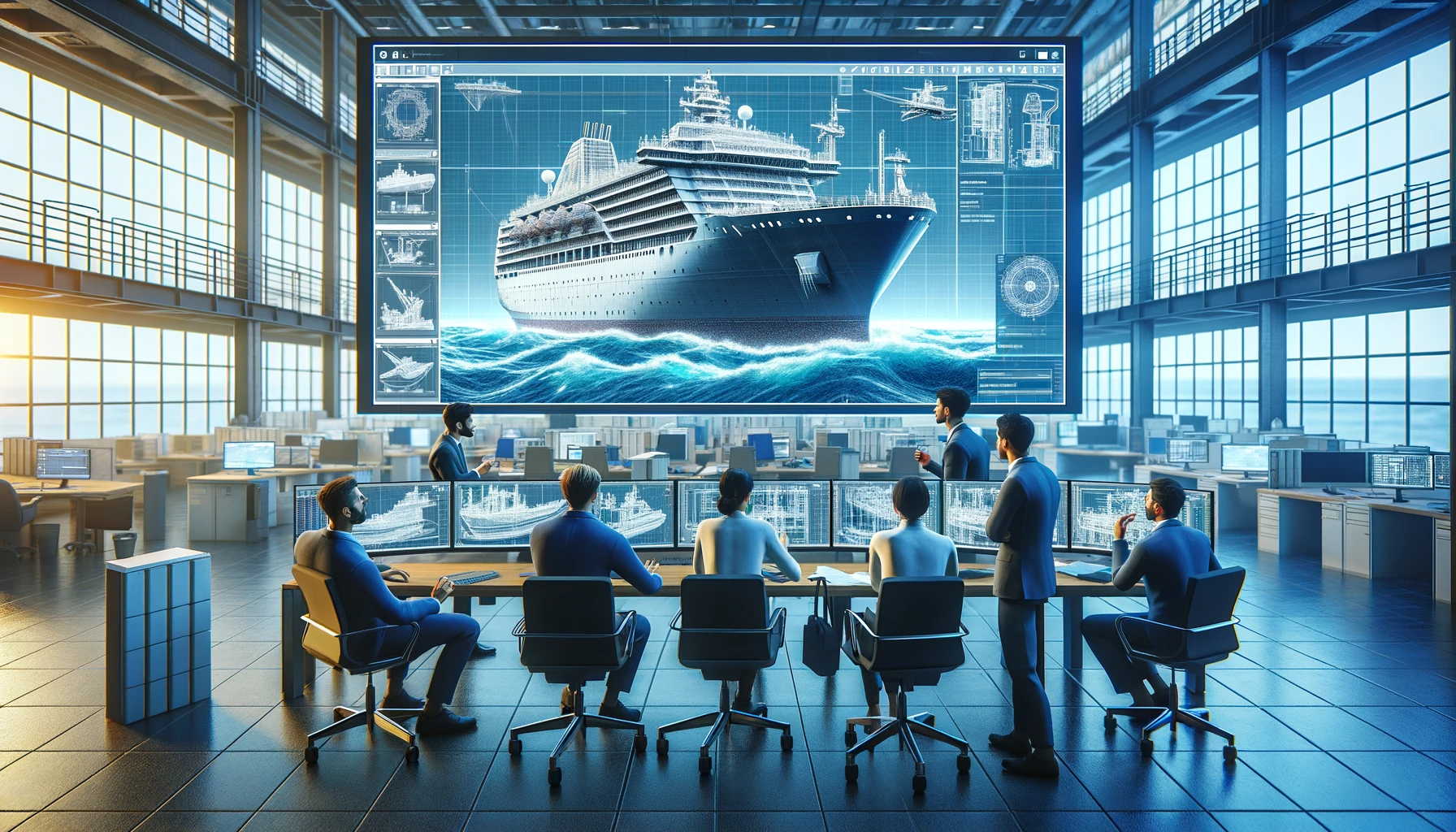 Un groupe d'ingénieurs maritimes collaborant dans un bureau d'études maritime, utilisant 3DViewStation pour visualiser un modèle complexe